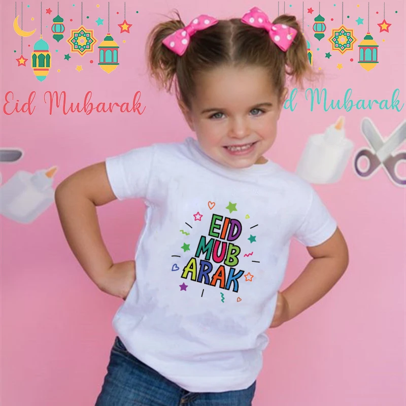 Happy Ramadan Mubarak Print Children's Clothes Boy Girl T-shirt Eid Ramadan Kids T Shirt Short Sleeve Outfit Tops Islamic Muslim