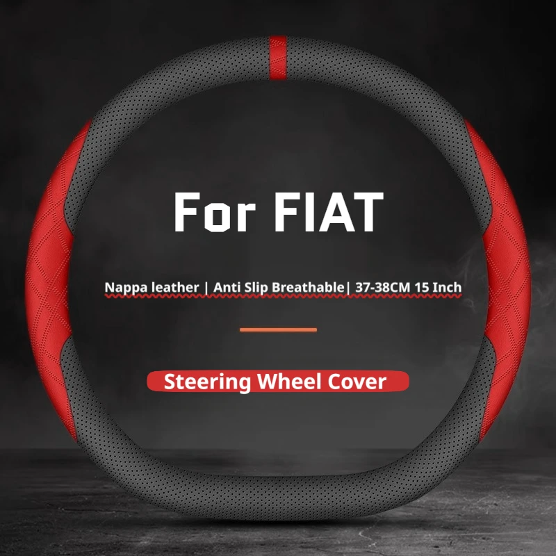 Premium Leather Non-Slip Breathable Car Steering Wheel Cover, 37-38cm,