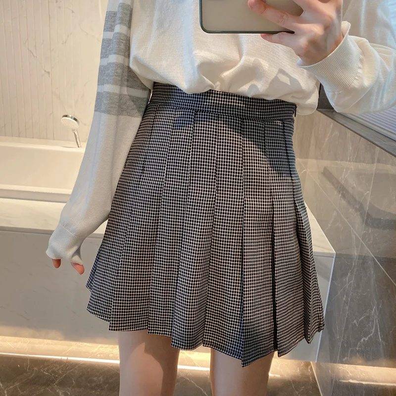 

High Quality Korean Academic Pleated Skirt Spring New Vintage Hong Kong Style Checked Short Skirt High Waist Small A-Line Skirt