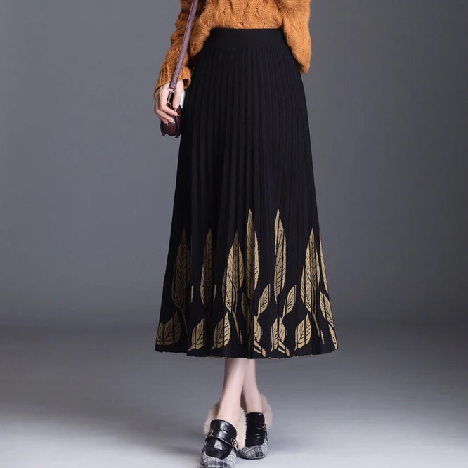 black leather skirt 2021 New Knitted Women's A-line Skirt Mid Autumn Winter Long Wrap Hip High Waist  Printed Skirt Girl's Skirt White Leaves pleated midi skirt Skirts