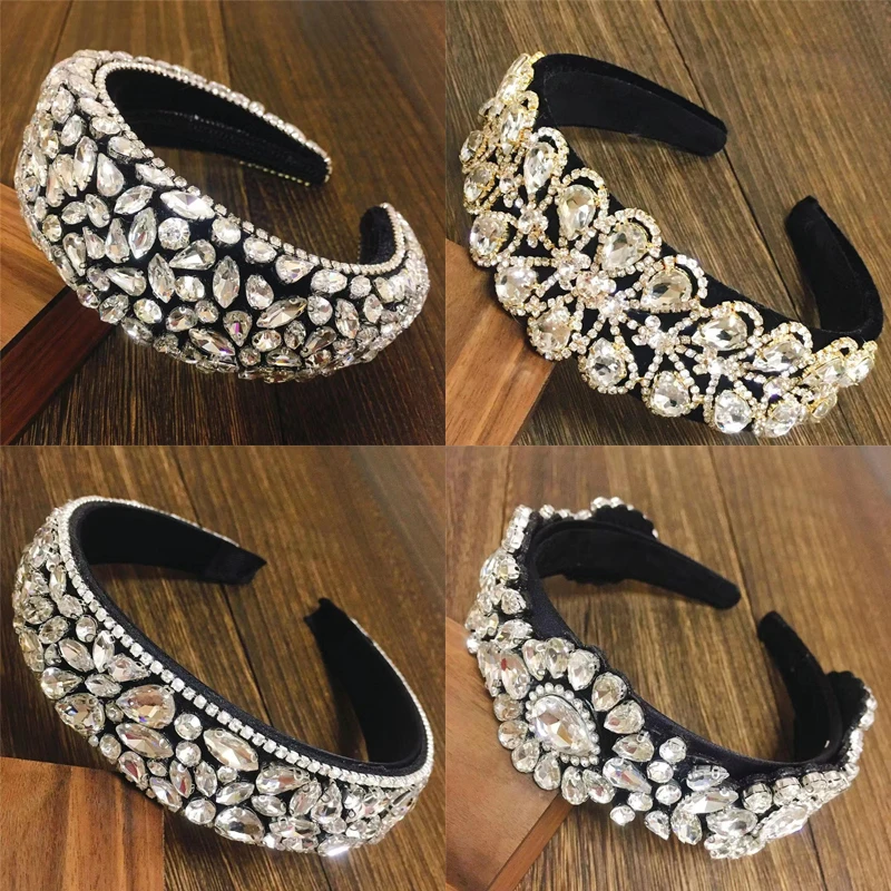 2021 Luxury Silver Baroque Padded Rhinestone Headband for Women Full Crystal Diamond Wide Thick Hairband Hair Hoop Girls Gift