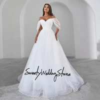 Wedding Dress Customized Off The Shoulder V Neck Pleat Sweep Train Soft Tulle A Line Corset Bridal Gown Vestido Novia 1