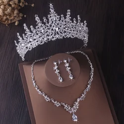 3 Pcs Luxury Silver Color Crystal Water Drop Bridal Jewelry Set Rhinestone Tiara Crown Necklace Earring Set Bridal Wedding Jewel