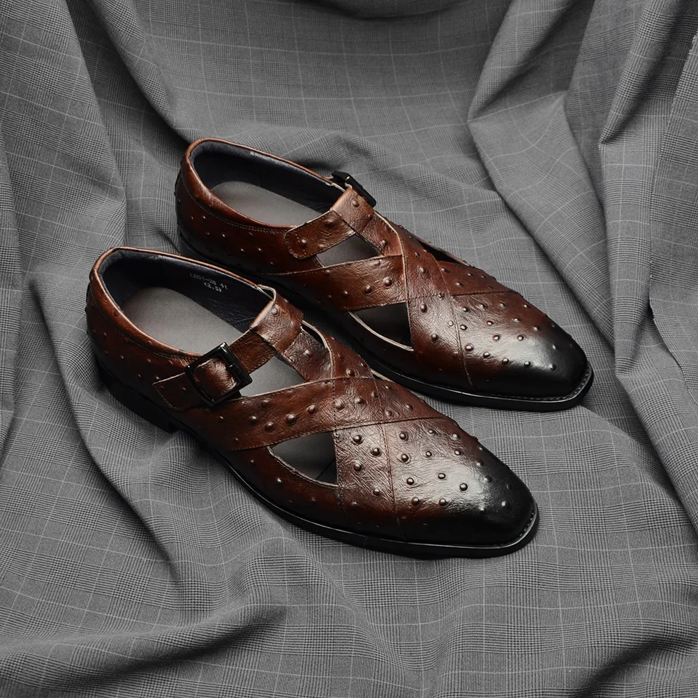 Rome Style Men's Sandals Genuine Cow Leather Summer Buckle Strap Hollow Out Casual Business Wedding Dress Shoes Men Open Shoes leather sandals,summer sandals