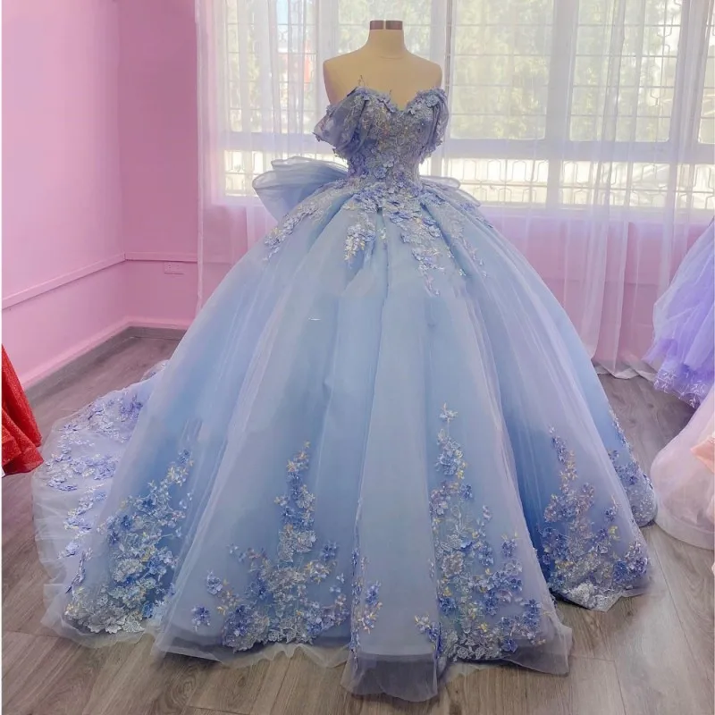

Sky Blue Quinceanera Dresses Corset Ball Gown Beaded 3D Flowers Bow Formal Prom Graduation Gowns Lace Up Princess Sweet 15 16