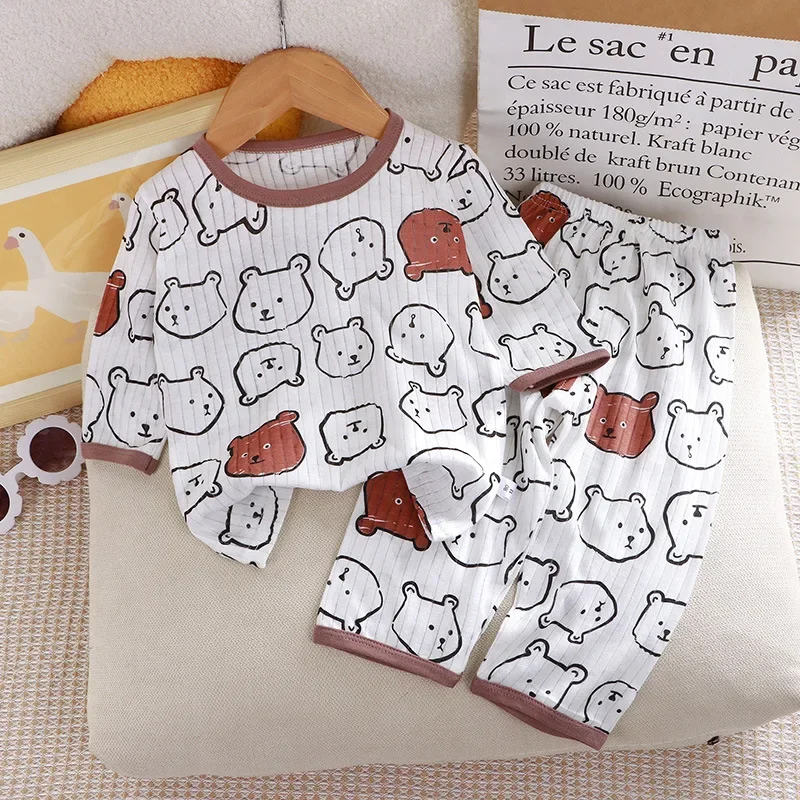 

2024 New Children's Pure Cotton Home Clothes Set Boys Girls Three-quarter Sleeve Pajamas Thin Air-conditioned Clothes