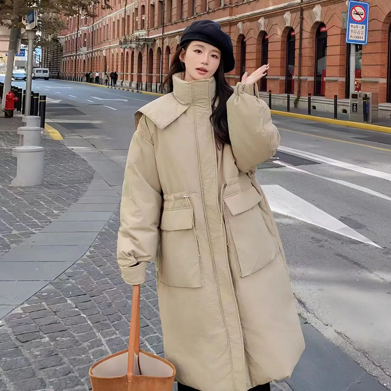 Sailor Collar for Women's Duck Down Jackets,Adjustable Waist Long Coats,England Style,Zipper ,Female Clothing Winter,New,2023