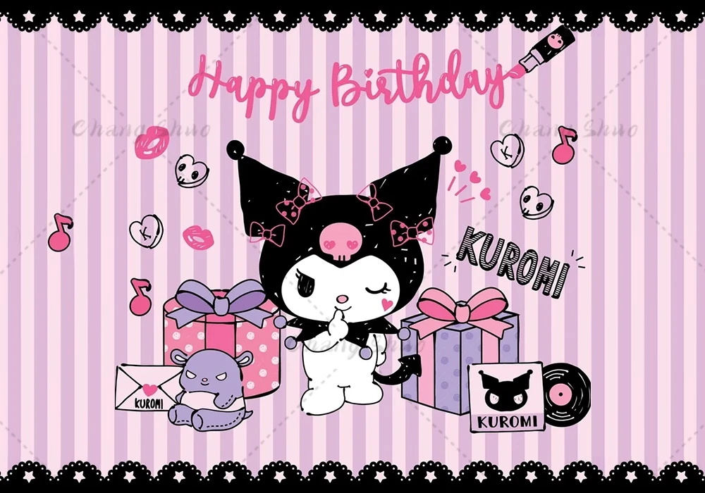 thumbnail image 1 of Telones de fondo para fotos de Sanrio Kuromi, personalizados, para baby shower, niñas, fiestas de primer cumpleaños, pancarta de Cinnamoroll, fondo para fotografía, 1 of 5