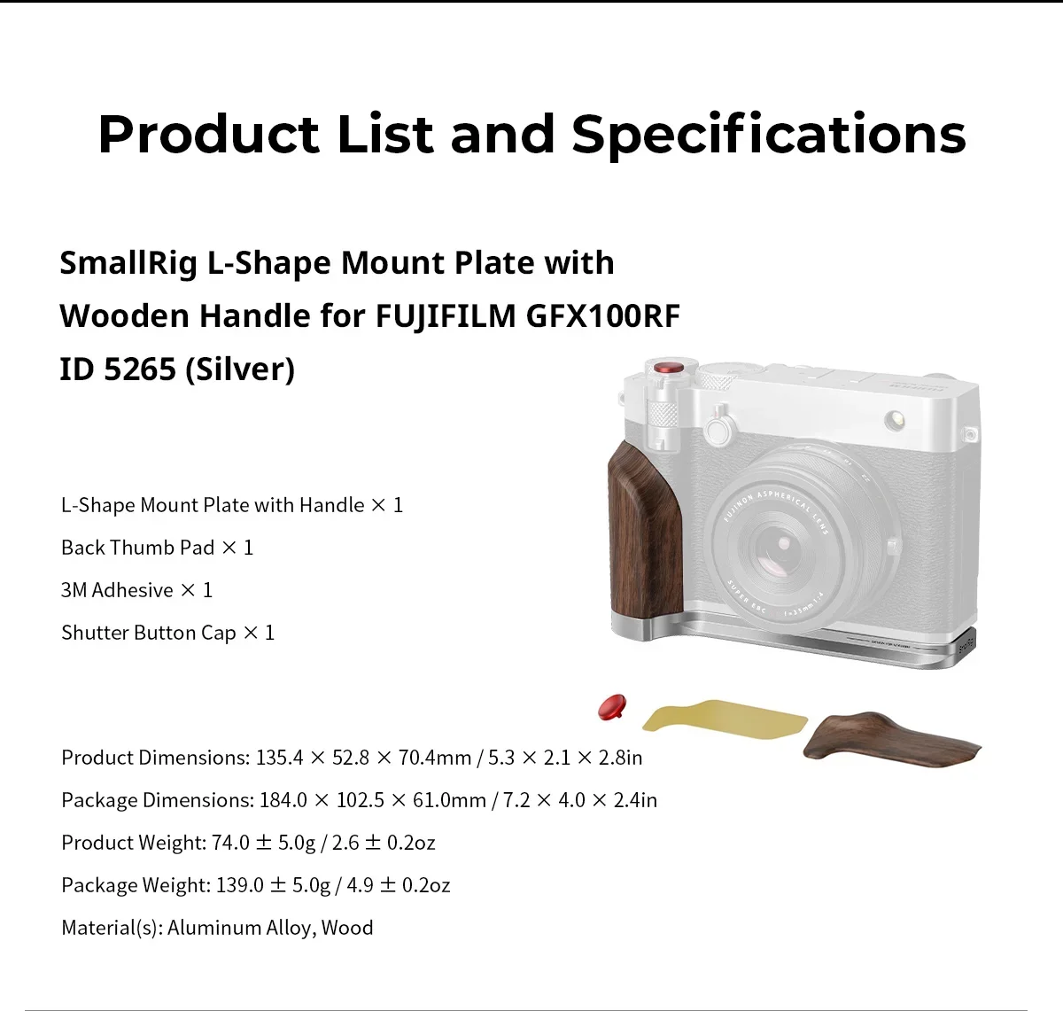 SmallRig L-Shape Mount Plate with Wooden Handle for FUJIFILM GFX100RF, with Shut