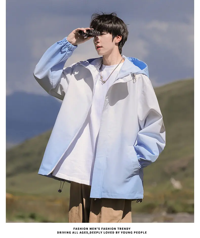 Lässige Herren-Outdoorjacken mit Farbverlauf und Kapuze, Frühjahr/Herbst 2026, dünne Windbreaker, Jugend-Streetwear, lockere Mäntel, Oberteile für Jungen – Detail 12