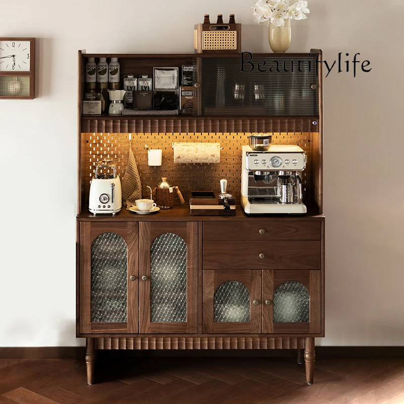 

American-Style Solid Wood Sideboard Cabinet Black Walnut Wooden Liquor Cabinet Integrated Wall Storage Tea Bar Cabinet
