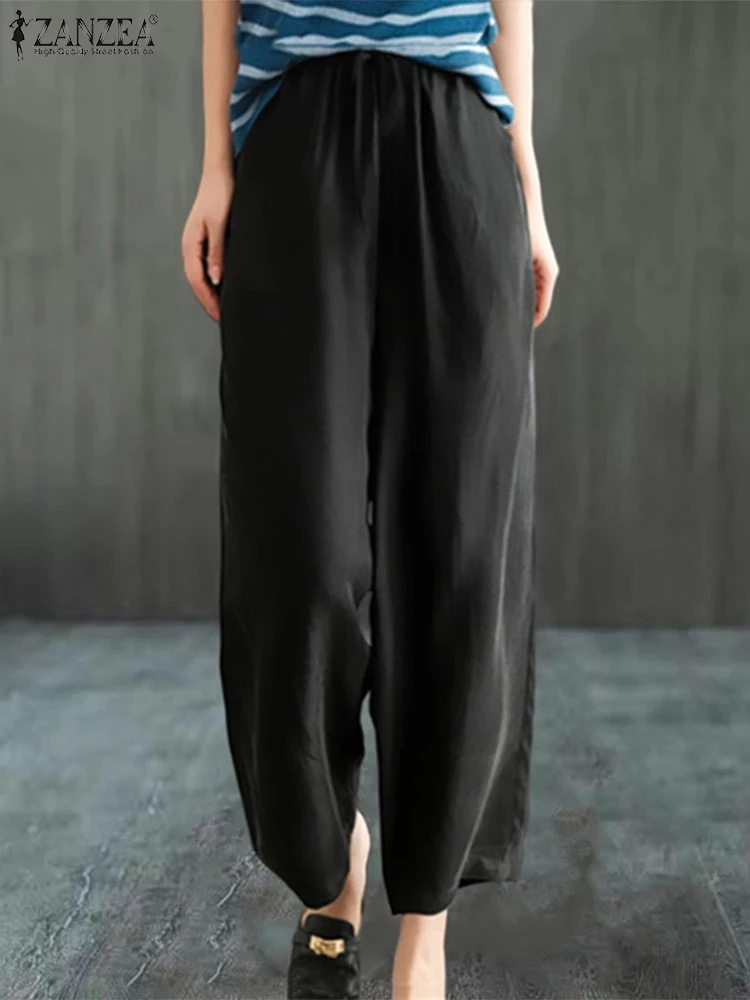 

Брюки ZANZEA корейские женские с эластичным поясом, лето 2024, прямые длинные брюки, элегантные свободные винтажные Брюки с карманами