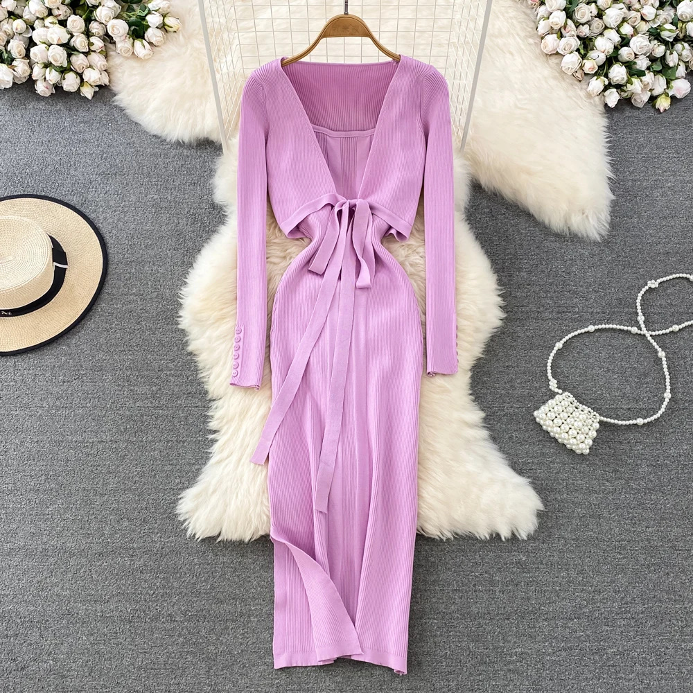 

Gentle Retro Temperament V-neck High-waisted Lace-up Short Blouse Top Suspender Knitted Dress Two-piece Set