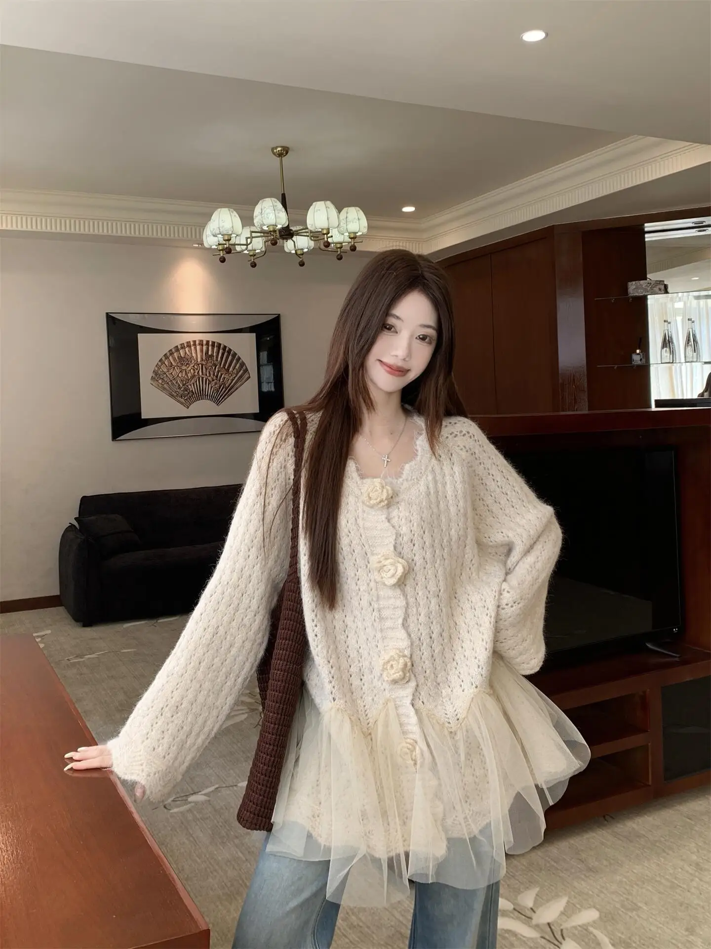 3D Floral Mesh Splicing Knitted Sweater Coat Women's Spring New Mid-Length Casual Top V-neck Long Sleeve Button Closure