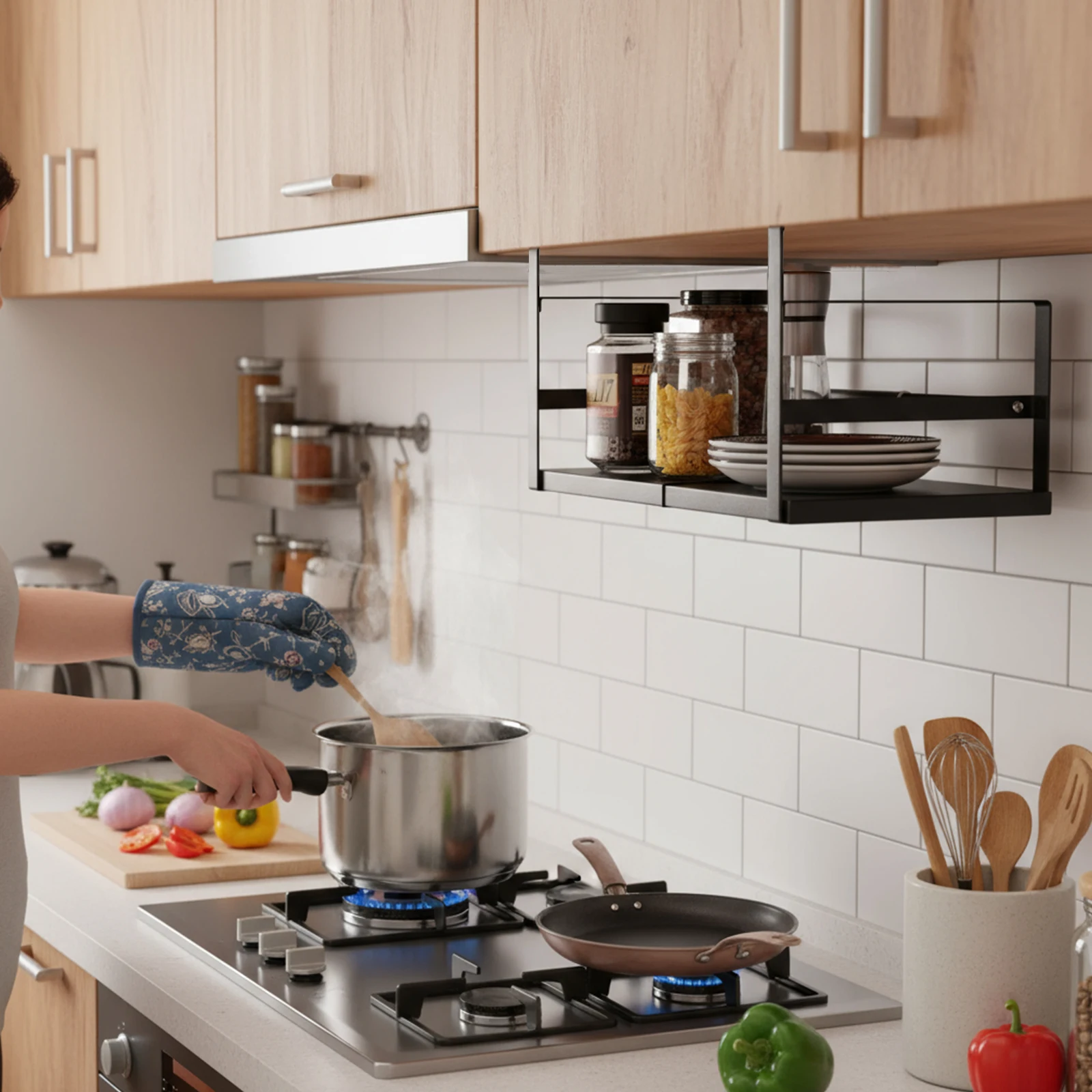 Retractable Storage Shelf Seasoning Bottle Storage Rack Expandable Under Shelf Storage Rack for Kitchen Pantry Office