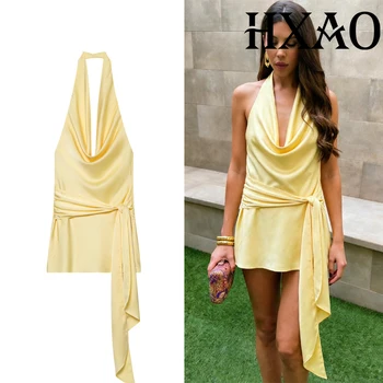HXAO Halter Neck Woman Dresses Summer Satin Yellow Mini Dress Sexy Backless Elegant Party Dresses Knotted Beach Short Dress
