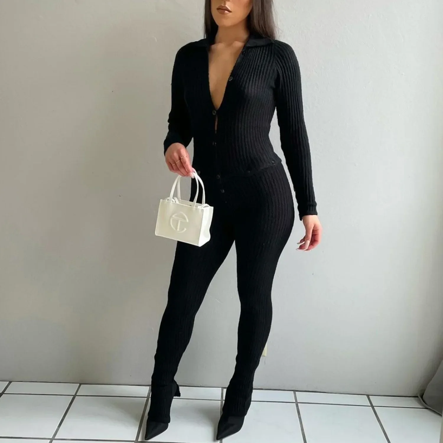 Knitted Bodysuit Skinny Ribbed Jumpsuits fall Winter Casual Two Piece Set Women streetwear Long Sleeve Bodycon Women's Jumpsuit