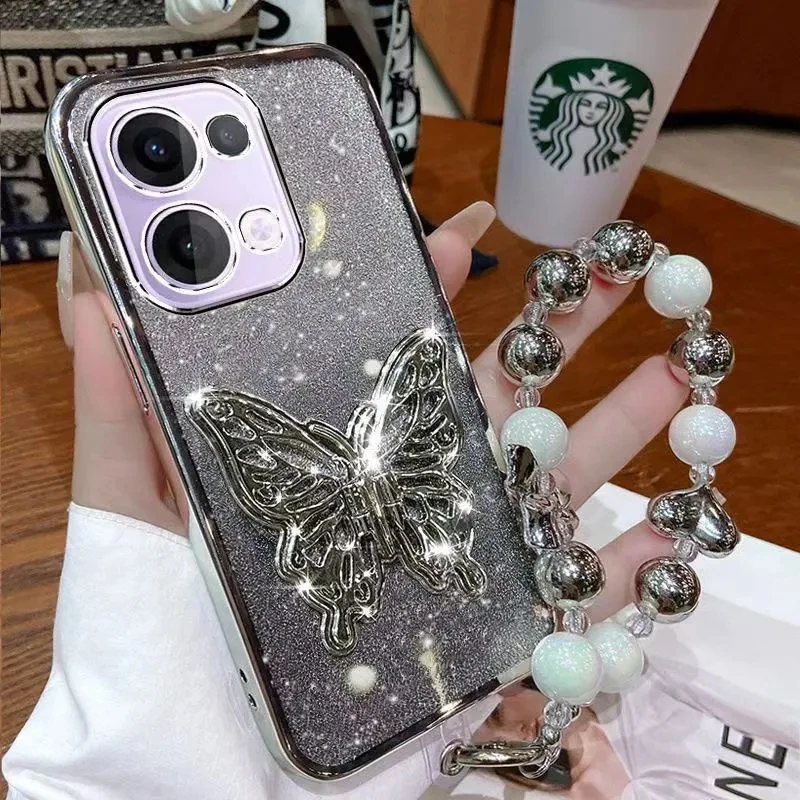 Glitter Plating Phone Case with 3D Butterfly Holder and Bead Bracelet Back Cover