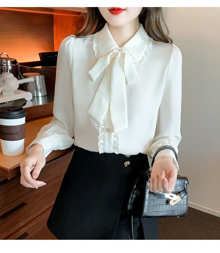 Bow Tie White Chiffon Shirt 2022 Spring Summer Korean Fashion Blouse Lace Elegant Long Sleeve Shirt for Female Casual Clothing