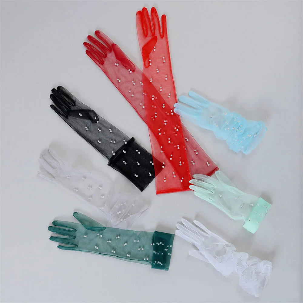 

Sexy Transparent Pearl Lace Gloves Long Elbow Full Finger Mittens Wedding Ultra Thin Stretchy Arm Glove Bridal Dress Accessories