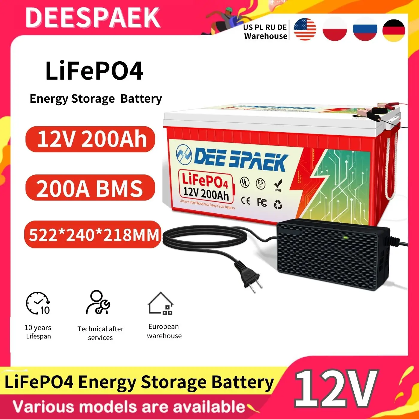 

12V LiFePO4 Battery 200Ah 7000+ Deep Cycles Battery Built-in BMS Rechargeable Storage Battery For Campers Scooter Marine Camper