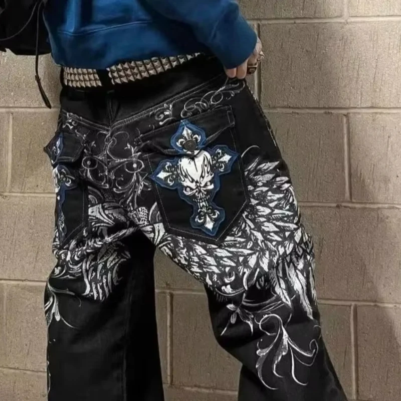 Y2K men's retro embroidered jeans, fashionable street style, unique pattern, casual loose trousers to create a trendy outfit 3