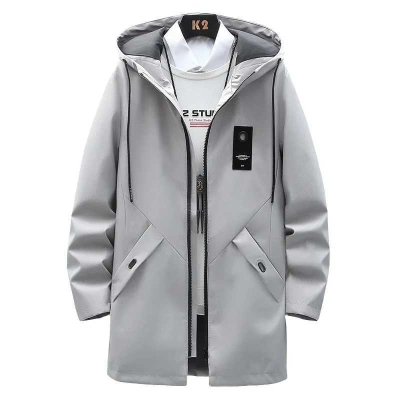 Spring Autumn Men's Mid Length Cargo Jacket Thin Trench Coat Solid Color Fashion Business Casual Handsome Slim Fit Hooded Jacket