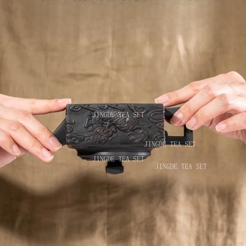 200ml Yunnan Purple Pottery Teapot Home Handmade Carving Qilin Four Sided Rotating Phoenix Singing Pot Large Capacity Teapot