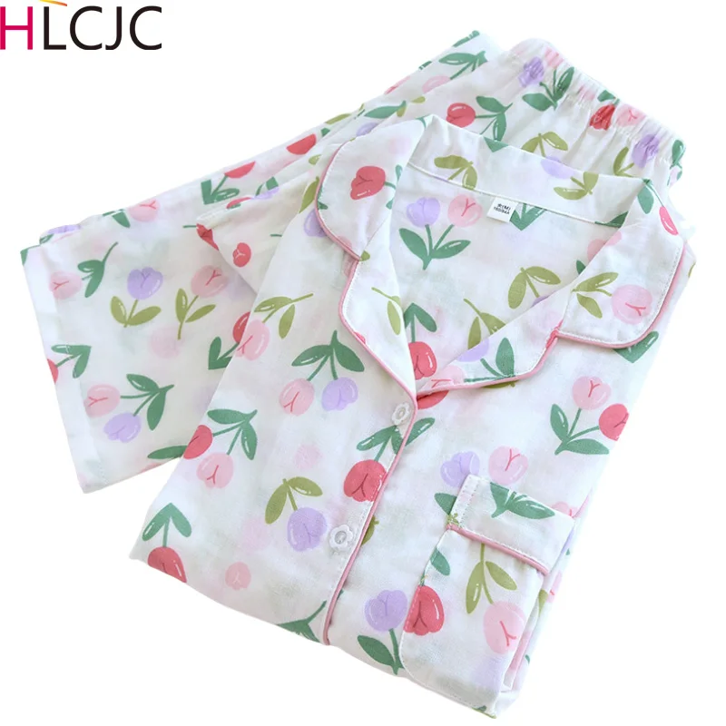 

New Spring and Summer Women's Pajamas Suit Cotton Double Layer Gauze Long Sleeve Trousers Two-piece Print Cardigan Home Clothes