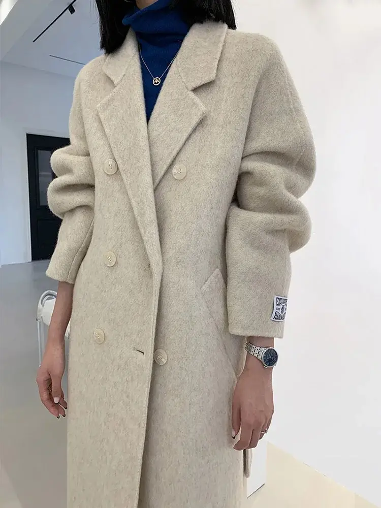 

Senior Elegant Women Wool Herringbone Loose Double-sided Wool Coat Temperament Handmade Natural Wool Fashion Jacket AutumnWinter