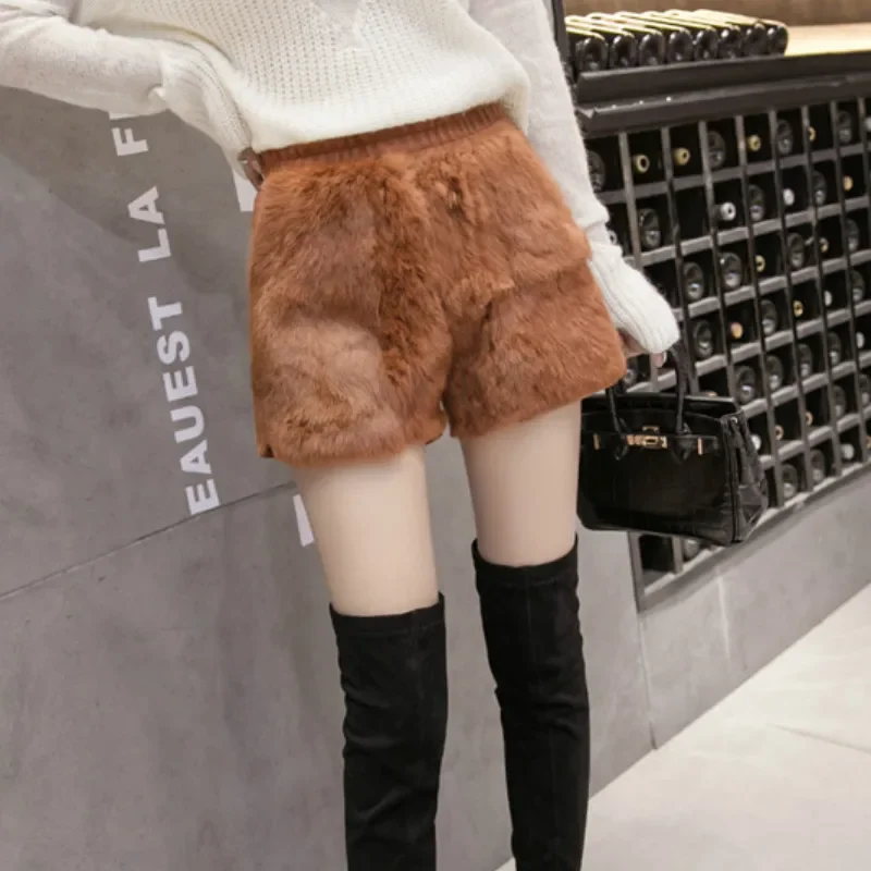 Winter Warm Real Rabbit Fur Shorts Thermal Wool Short Trousers Fashion Luxurious High Street Casual Black Short Pants 2023 New