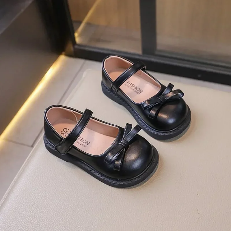 Black Leather Kids School Shoes Girls Non Slip Flats