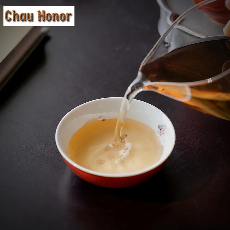 2PC/Set 40ml Pure Hand-painted Butterfly Love Flower Tea Cup Coral Red Ceramic Master Cup Household Kung Fu Pu'er Small Tea Bowl