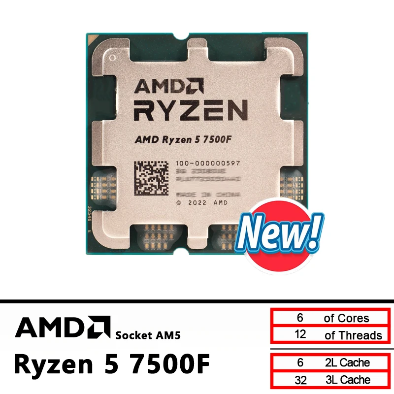 AMD Ryzen 5 7500F R5 7500F 3.7GHz 6-Core 12-Thread CPU 5NM L3=32M