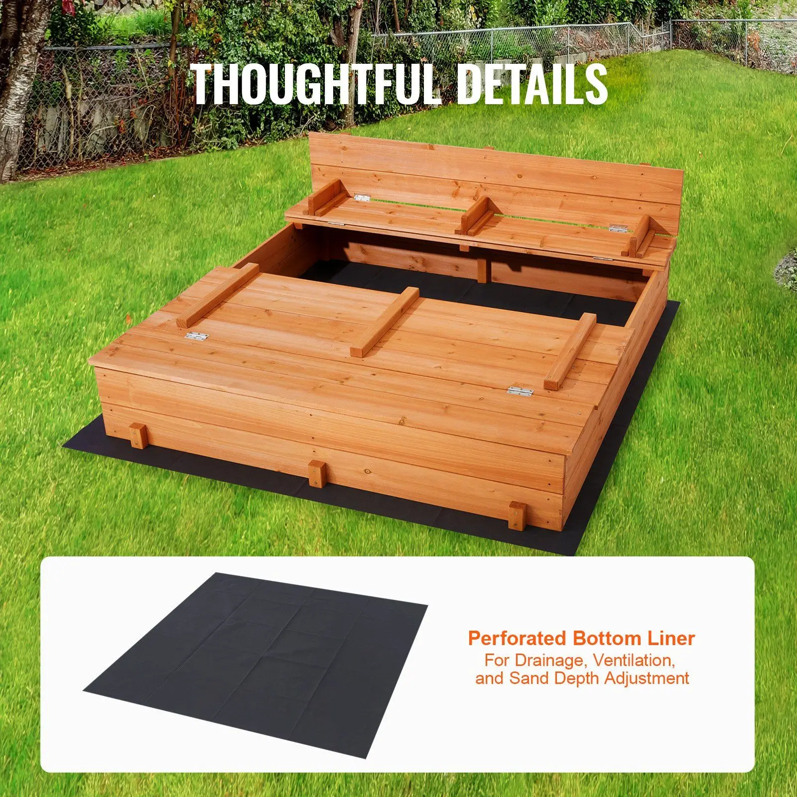 Wooden Sandbox, 52.4 x 47.2 x 16.9 in Sand Box, Sand Pit with Foldable Bench Seats and Bottom Liner, Natural Wood Kids Sandbox 6