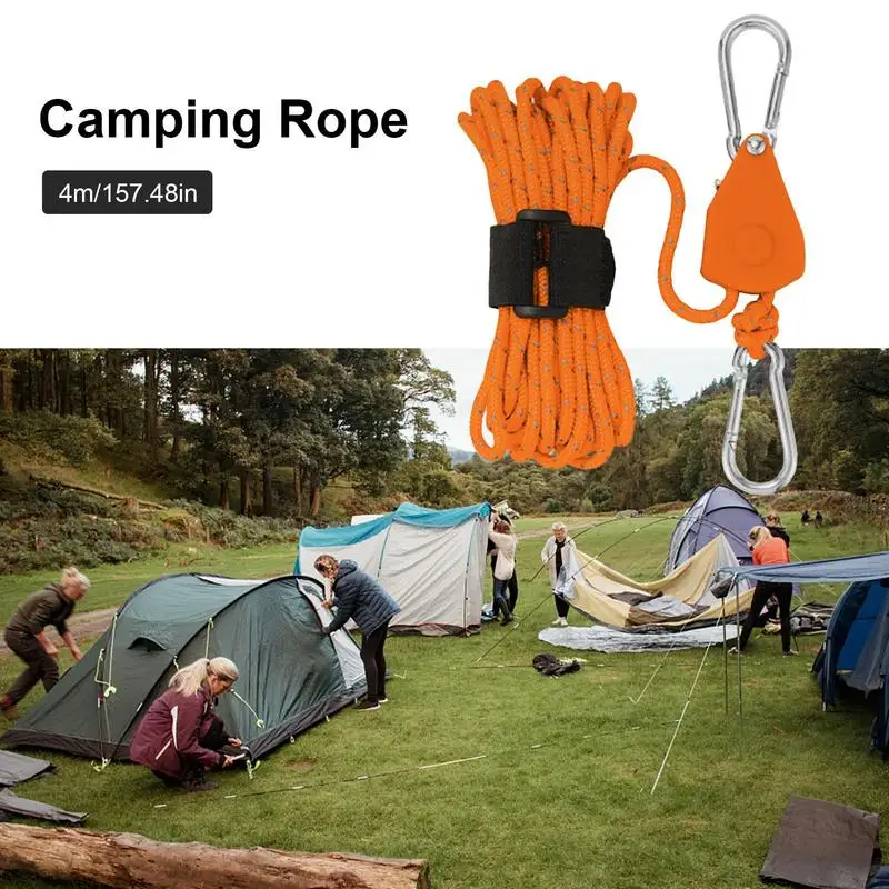 4m Camping Tent Rope Adjustable Pulley Rope Fastener Fixed Buckle
