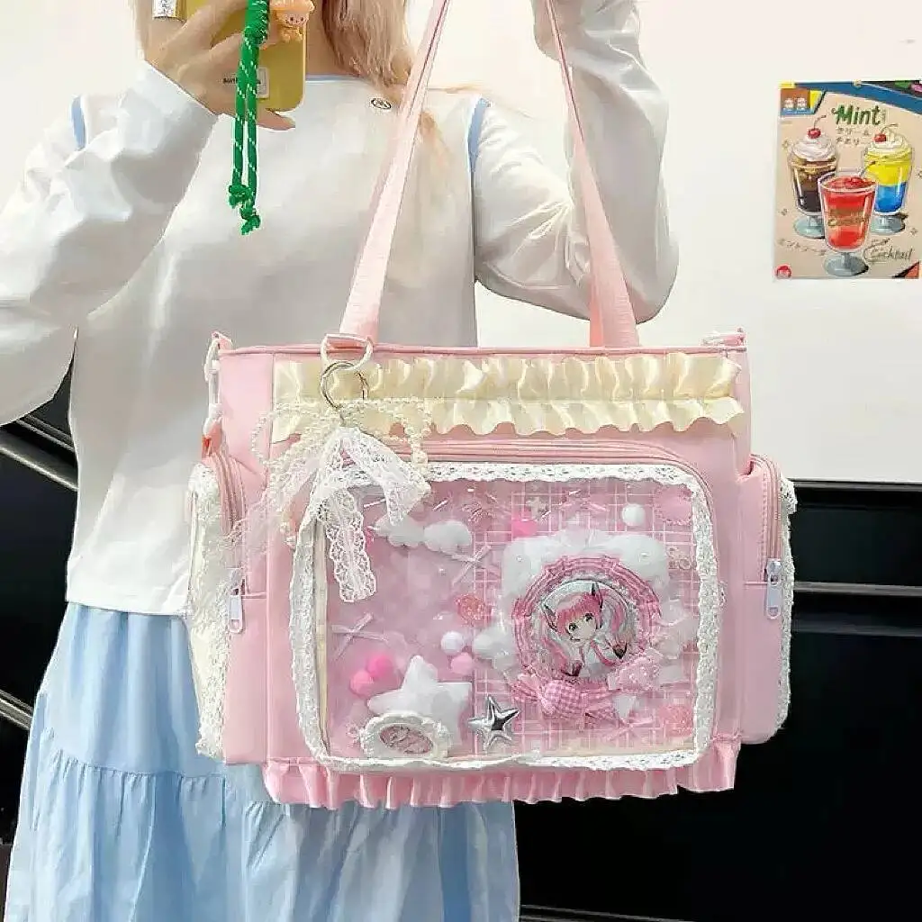 Y2k New Sweet Ita Shoulder Bag Lolita Girl Transparent Crossbody Bag Women Large Capacity Lace Tote Bag Cute DIY Display Handbag 5