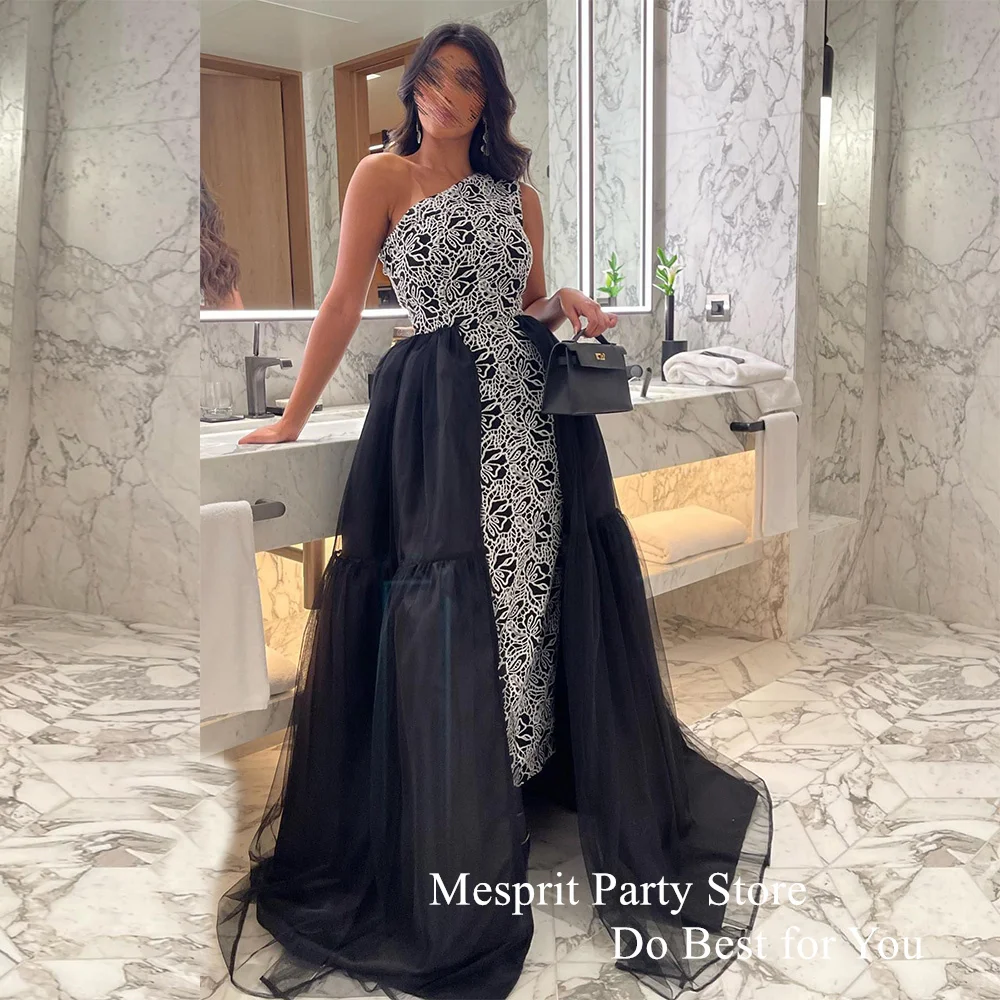 

Mesprit Saudi Black Evening Dress with Ivory Lace One Shoulder Sleeveless Tulle Skirt Formal Occasion Dress Dubai Party Gown