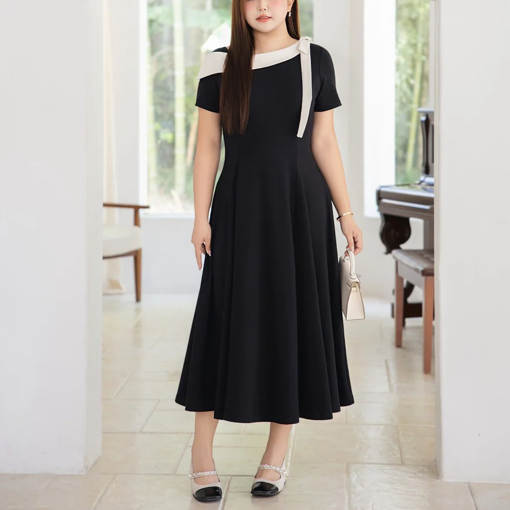 Skew Collar Bow Slim Waist Contrasting Color Dress Plus Size Women Premium Office Work Long Black Dresses 9266