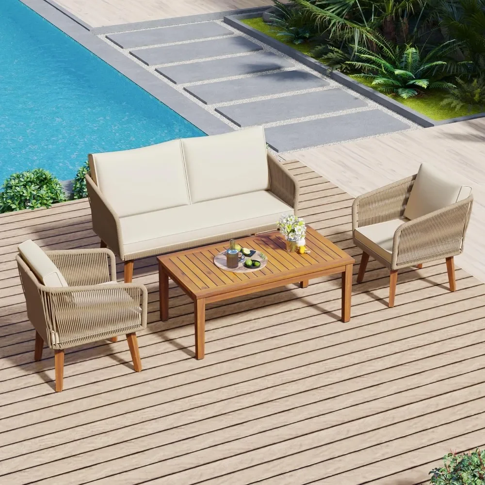 

4-Piece Patio Furniture Gazebo 2 Chairs and Acacia Wood Coffee Table for Backyard Complete Garden Salon Poolside Deck Pool Couch