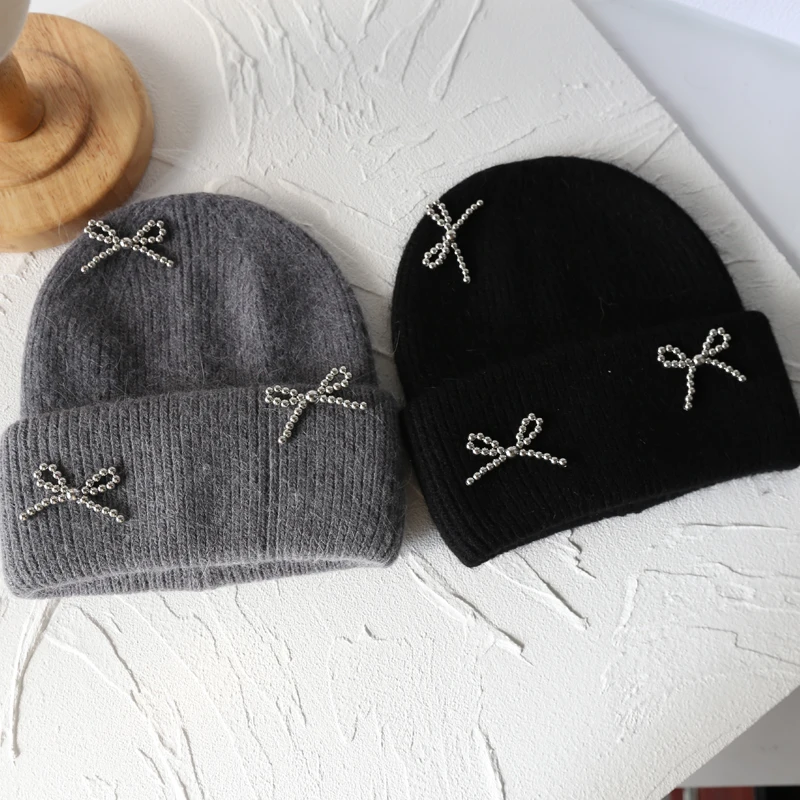 Korean Metal Bow Knitted Hat Ins Style Cute Y2K Girls' Hat Autumn and Winter Personalized Fashion Warm Ear Protection Hat 6