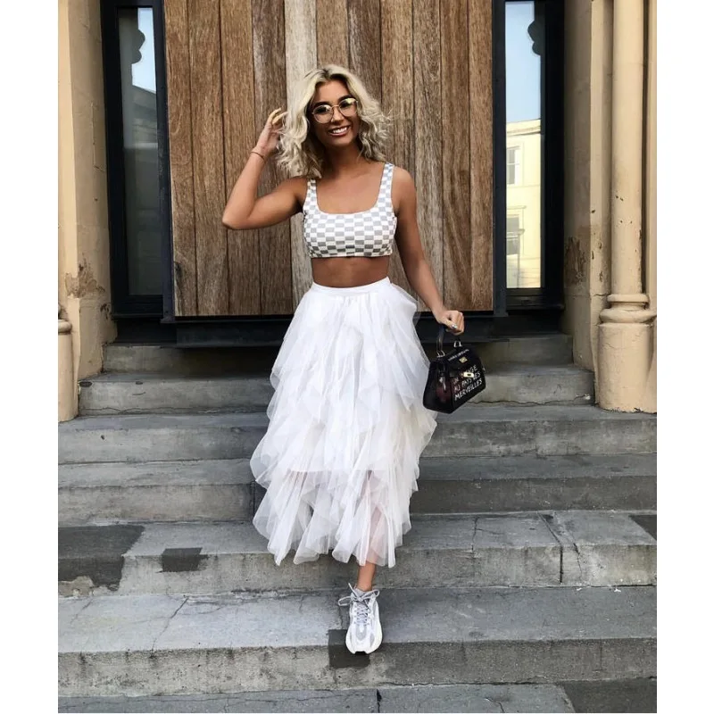 

2023 Summer New Skirt Women's Fashion Mesh Pleated Stitching Skirt Women's Casual High Waist Loose Ankle-Length Skirt