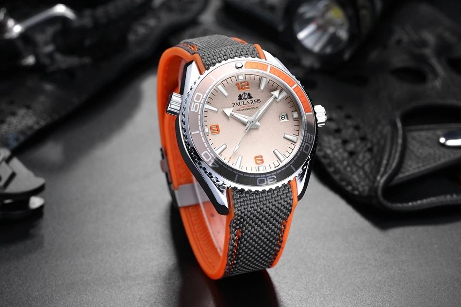 Hommes automatique auto vent mécanique toile bracelet en caoutchouc Orange bleu rouge luxe_voghion.com