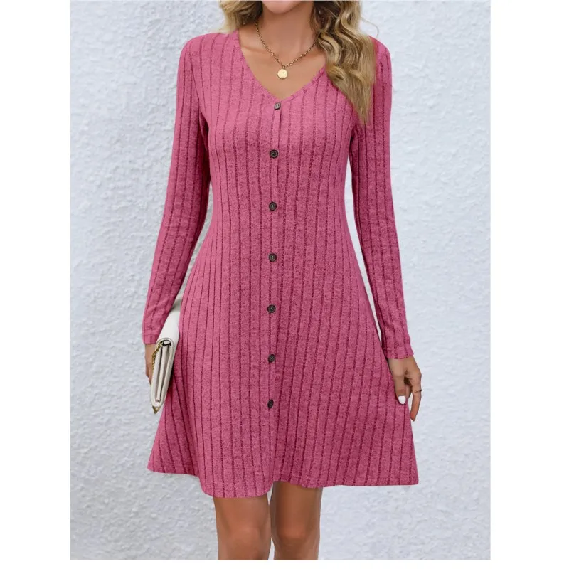 

Fashion Solid Ribbed Knitted Mini Dress Women Button Long Sleeve A Line Dresses 2023 Autumn Lady Streetwear Robe vestido