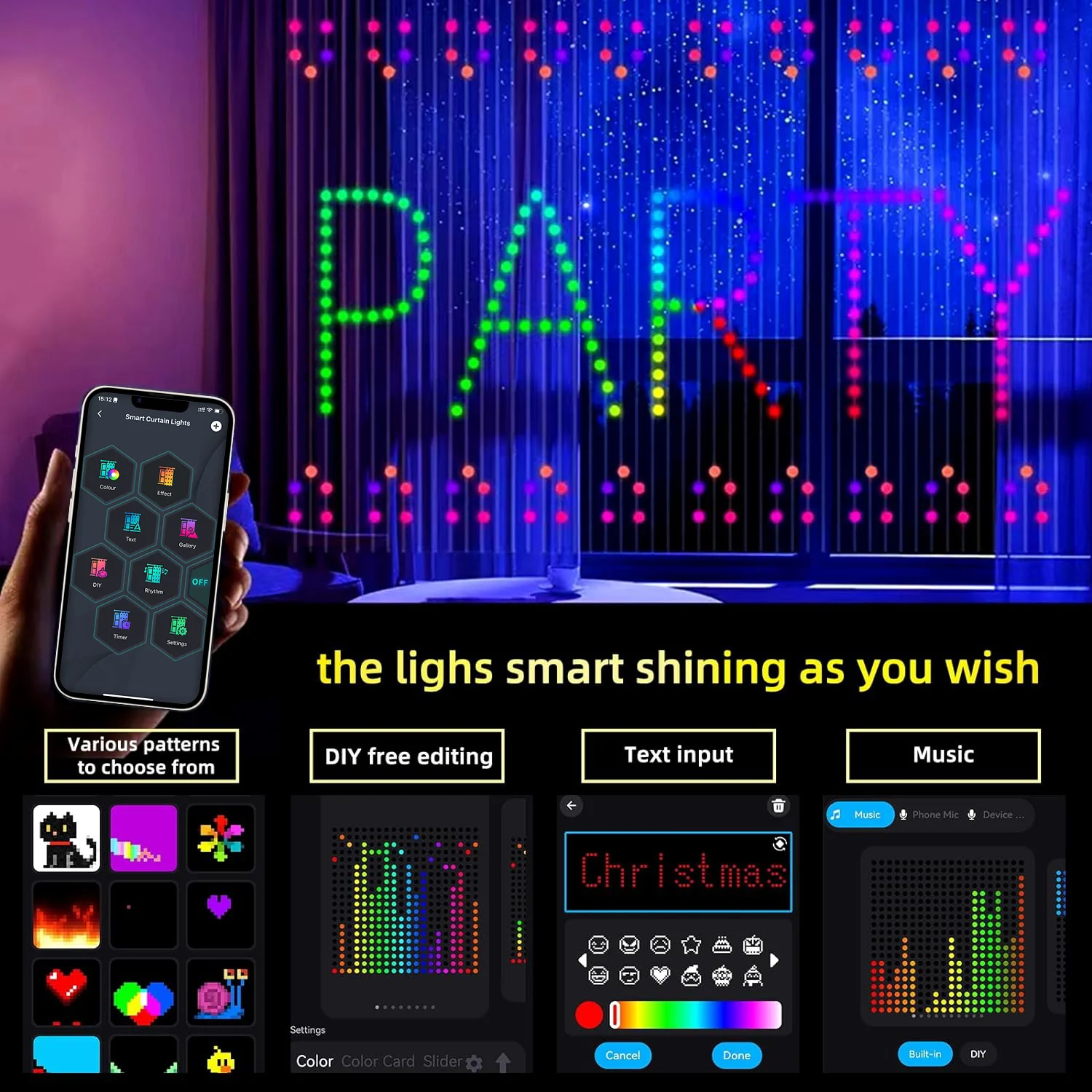 RGB LED 스트링 커튼 화환 조명 앱 리모컨, DIY 텍스트 패턴 장면 LED 조명, 크리스마스 웨딩 휴일, 400LED