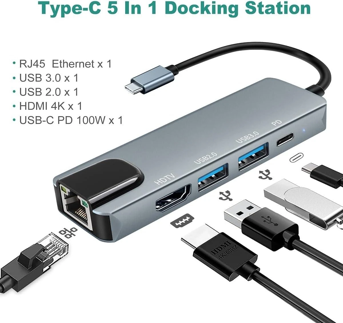 

Type c docking USB C TO HDMI LAN USB*2 PD 5in1 TYPE C adapter USB3.1 to HDMI LAN card USB*2 TYPE C converter