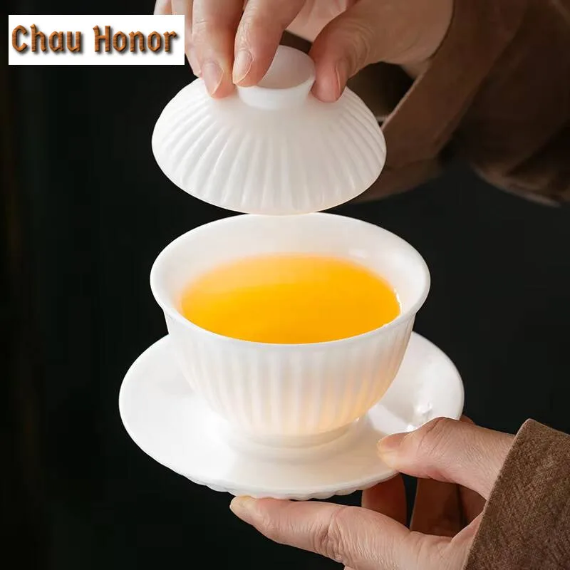 160ml High End White Jade Porcelain Gaiwan Elegant Ice Seed Thin Body Tea Tureen Tea Brewing Cover Bowl Chinese Tea Set Craft