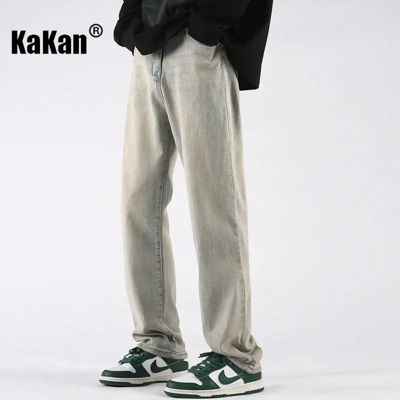 Kakan - Spring and Summer New High Street Yellow Mud Dyed Jeans Men's Wear, Straight Stretch Made Old Casual Jeans K024-LQS907