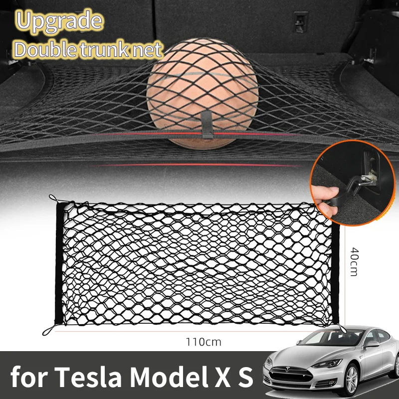 

For Tesla Model X S 2015~2023 2018 2017 2016 Accessorie Car Boot Trunk Net Elastic Upgraded Auto Double Storage Organizer Parts