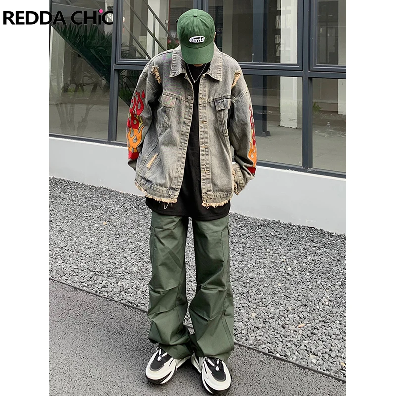 

REDDACHIC Destroyed Fire Pattern Denim Jacket Men Vintage Wash Frayed Tassels Single-breasted Oversize Coat Y2k Cargo Workwear